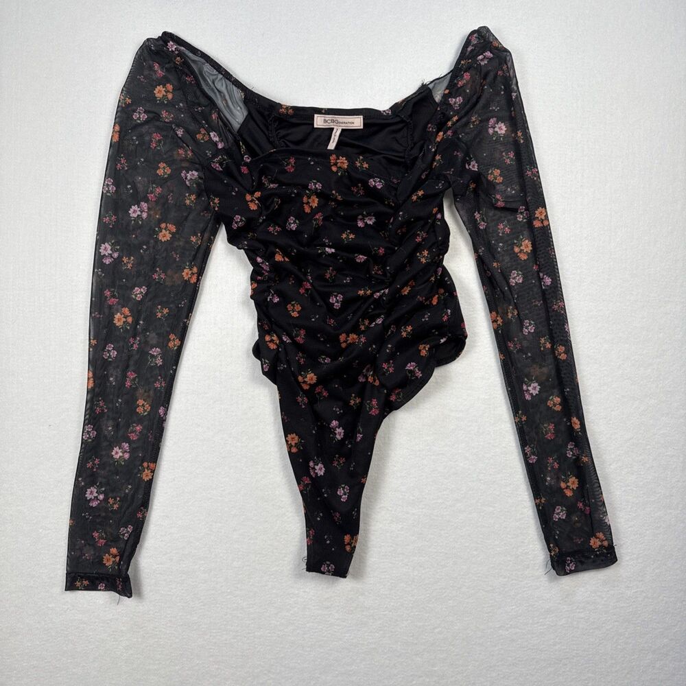 BCBG Floral Mesh Long Sleeve Bodysuit Size Medium Black Ruched Sheer Stretch Top